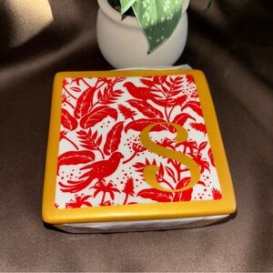 Anthropologie Pink Sky Monogram S Decorative Trinket Box - Red & Gold